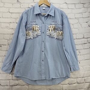 Vtg Casey Coleman Chambray Shirt Womens L Blue Embroidered Polar Bears Button Up